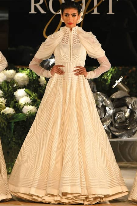 Rohit Bal Off White Organza Ribbon Patchwork Detail Built-up Collar Textured Anarkali Gown