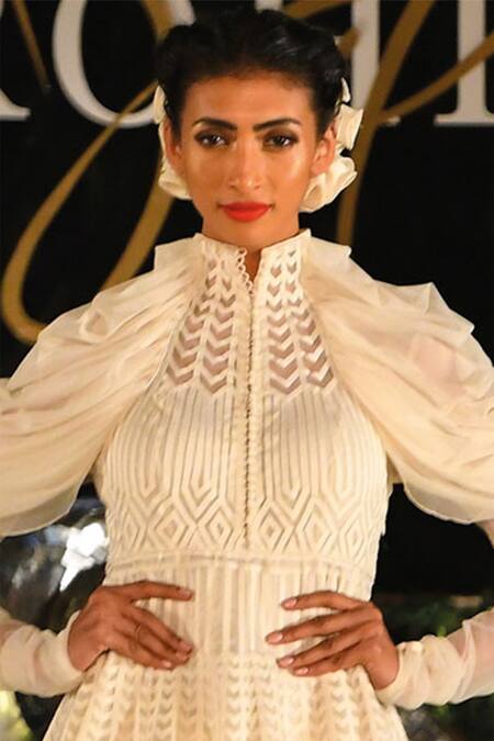 Shop_Rohit Bal_Off White Organza Ribbon Patchwork Detail Built-up Collar Textured Anarkali Gown_at_Aza_Fashions