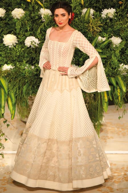 Buy Off White Net Ribbon Applique Detail Square Bell Sleeve Corset Blouse  For Women by Rohit Bal Online at Aza Fashions.