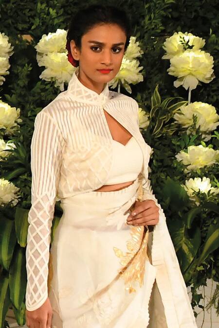 Shop_Rohit Bal_Off White Organza Embroidered Detaillurex Saree With Unstitched Blouse Piece_at_Aza_Fashions