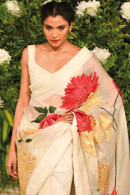 Buy_Rohit Bal_White Chanderi Saree Embroidered And Applique Detail With Unstitched Blouse Piece_Online_at_Aza_Fashions