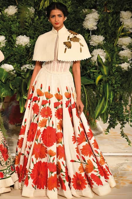 Rohit Bal Off White Lehenga Chandericorset Net Applique Floral Embroidered With Corset