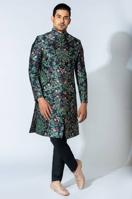Varun Bahl_Blue Cotton Silk Printed Sherwani Set_Online_at_Aza_Fashions