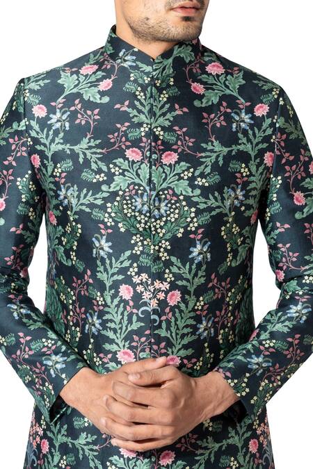 Buy_Varun Bahl_Blue Cotton Silk Printed Sherwani Set_Online_at_Aza_Fashions