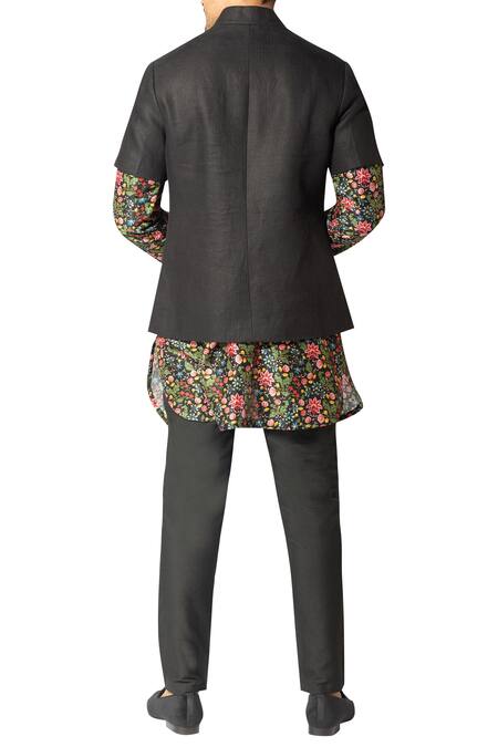 Shop_Varun Bahl_Black Chanderi Kurta Bundi Set  _at_Aza_Fashions