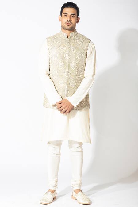 Buy_Varun Bahl_Beige Raw Silk Embroidered Nehru Jacket Set_Online_at_Aza_Fashions