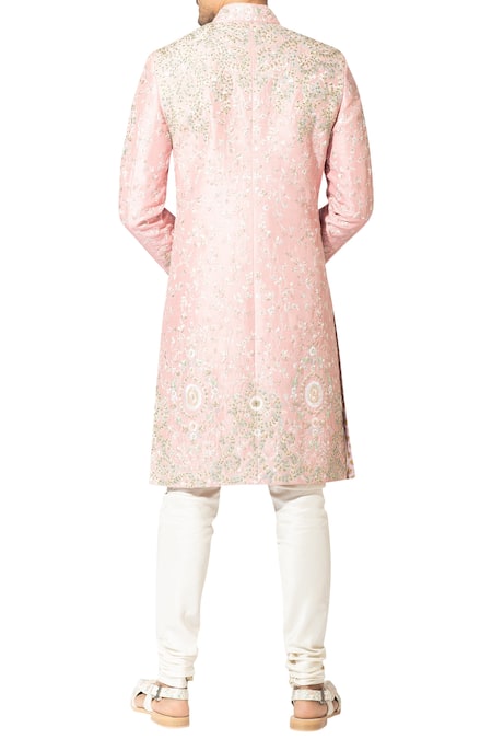 Shop_Varun Bahl_White Raw Silk Embroidered Sherwani Set _at_Aza_Fashions