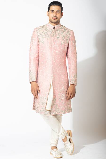 Varun Bahl_White Raw Silk Embroidered Sherwani Set _Online_at_Aza_Fashions