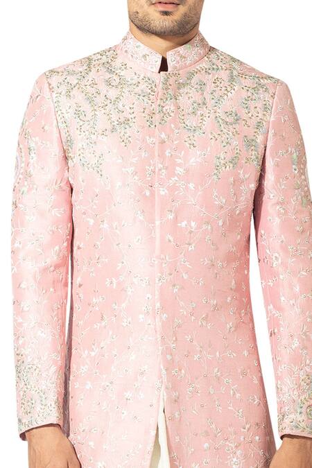 Buy_Varun Bahl_White Raw Silk Embroidered Sherwani Set _Online_at_Aza_Fashions