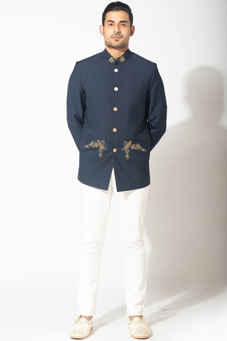 Varun Bahl Blue Suiting Embroidered Bandhgala Set Online at Aza Fashions Varun Bahl_Blue Suiting Embroidered Bandhgala Set_Online_at_Aza_Fashions