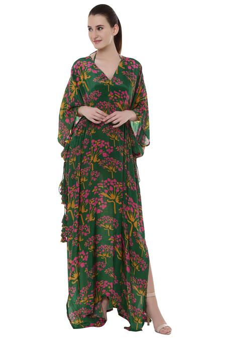 Masaba_Green Crepe Printed Kaftan_Online_at_Aza_Fashions