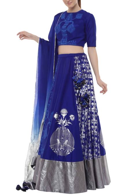 Masaba_Blue Cotton Silk Printed Lehenga Set_Online_at_Aza_Fashions