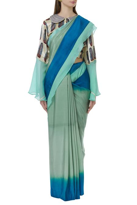 Latha Puttanna_Blue Chiffon, Gajji Silk Peter Pan Collar Saree With Ajrakh Print Blouse_Online_at_Aza_Fashions