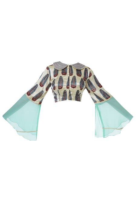 Buy_Latha Puttanna_Blue Chiffon, Gajji Silk Peter Pan Collar Saree With Ajrakh Print Blouse_Online_at_Aza_Fashions