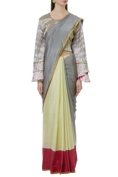 Latha Puttanna_Grey Silk Round Saree With Batik Blouse_Online_at_Aza_Fashions
