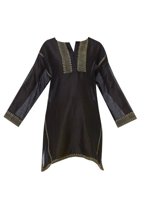 Shop_Latha Puttanna_Black Chanderi Split Embroidered Kurta _Online_at_Aza_Fashions