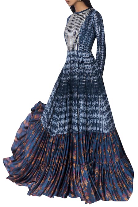 Drishti & Zahabia Blue Silk Printed Long Anarkali Kurta