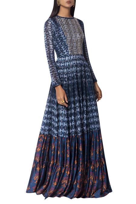 Shop Drishti & Zahabia Blue Silk Printed Long Anarkali Kurta at Aza Fashions Shop_Drishti & Zahabia_Blue Silk Printed Long Anarkali Kurta_at_Aza_Fashions