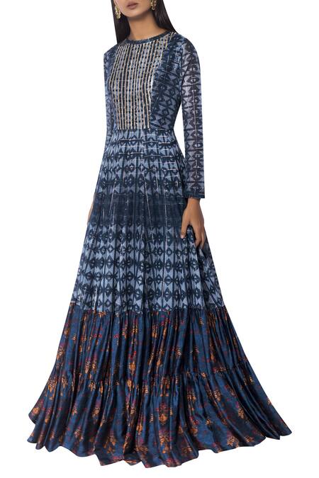Drishti & Zahabia Blue Silk Printed Long Anarkali Kurta Online at Aza Fashions Drishti & Zahabia_Blue Silk Printed Long Anarkali Kurta_Online_at_Aza_Fashions