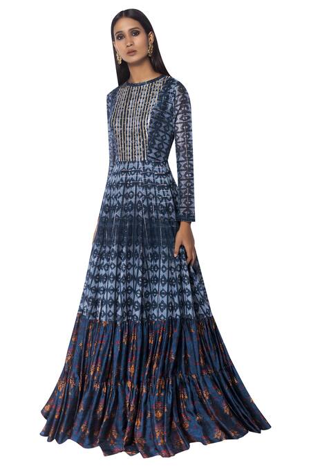 Buy Drishti & Zahabia Blue Silk Printed Long Anarkali Kurta Online at Aza Fashions Buy_Drishti & Zahabia_Blue Silk Printed Long Anarkali Kurta_Online_at_Aza_Fashions