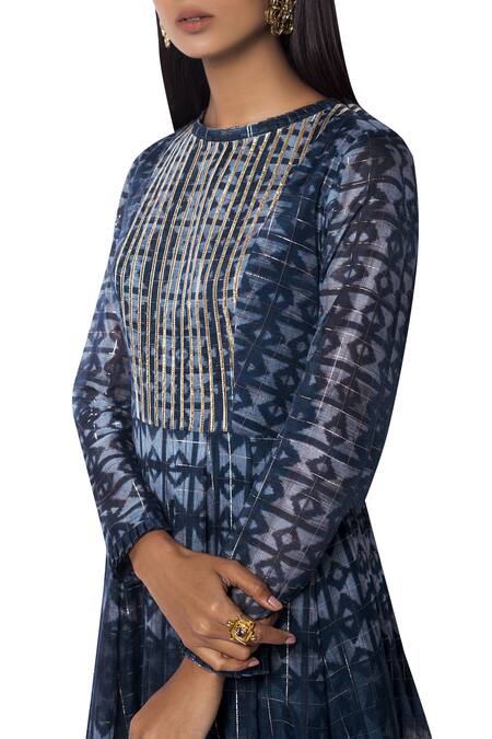 Shop Drishti & Zahabia Blue Silk Printed Long Anarkali Kurta Online at Aza Fashions Shop_Drishti & Zahabia_Blue Silk Printed Long Anarkali Kurta_Online_at_Aza_Fashions