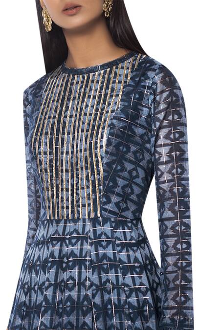 Drishti & Zahabia Blue Silk Printed Long Anarkali Kurta at Aza Fashions Drishti & Zahabia_Blue Silk Printed Long Anarkali Kurta_at_Aza_Fashions