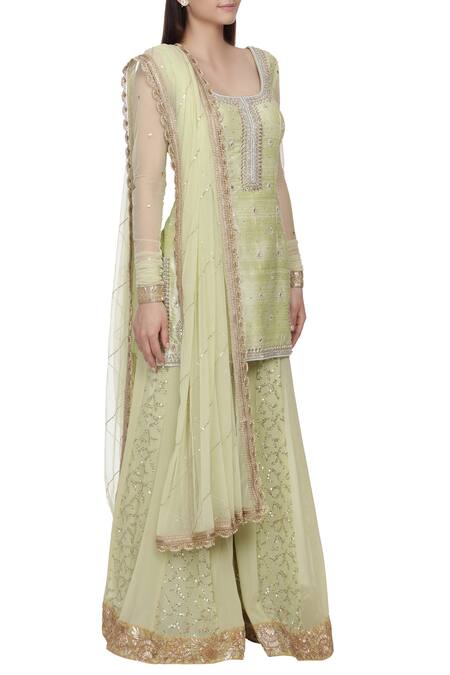 Bhumika Grover_Green Raw Silk, Georgette Round Embroidered Sharara Set_Online_at_Aza_Fashions