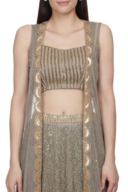 Shop_Bhumika Grover_Green Raw Silk, Net, Georgette Round Embroidered Lehenga And Jacket Set_Online_at_Aza_Fashions