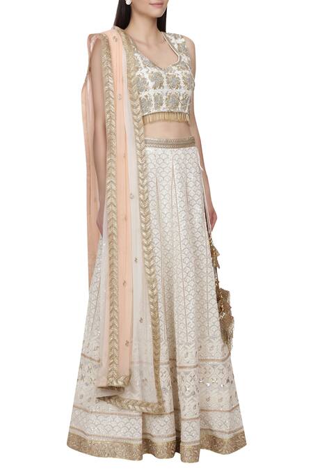 Bhumika Grover_Off White Raw Silk, Georgette Diamond Neckline Lucknowi Lehenga Set_Online_at_Aza_Fashions