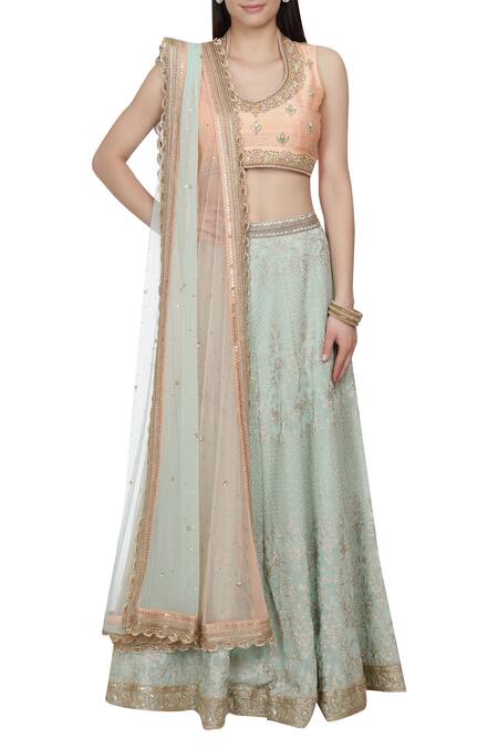 Shop_Bhumika Grover_Green Scoop Neckline Embroidered Lehenga Set_Online_at_Aza_Fashions