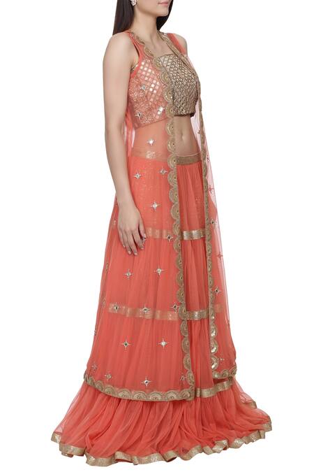 Bhumika Grover_Coral Raw Silk, Net Square Neck Embroidered Lehenga And Jacket Set_Online_at_Aza_Fashions