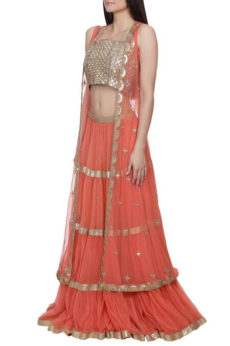 Buy_Bhumika Grover_Coral Raw Silk, Net Square Neck Embroidered Lehenga And Jacket Set_Online_at_Aza_Fashions