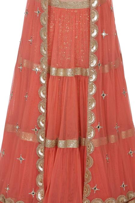 Shop_Bhumika Grover_Coral Raw Silk, Net Square Neck Embroidered Lehenga And Jacket Set_Online_at_Aza_Fashions