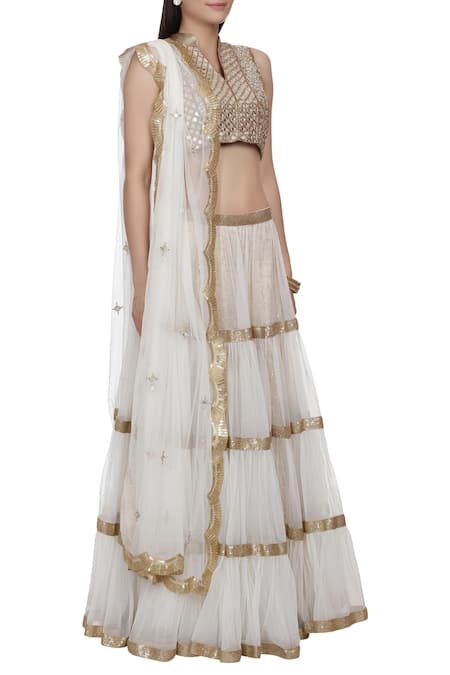 Bhumika Grover_White Raw Silk, Net Band Collar Embroidered Lehenga Set_Online_at_Aza_Fashions
