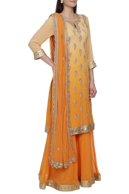 Bhumika Grover_Orange Georgette Keyhole Neck Embroidered Kurta And Palazzo Set_Online_at_Aza_Fashions