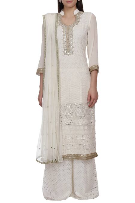 Shop_Bhumika Grover_Off White Georgette Stand Collar Lucknowi Kurta And Palazzo Set_Online_at_Aza_Fashions