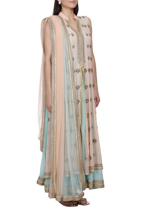 Bhumika Grover_Blue Net, Georgette Band Collar Layered Embroidered Anarkali With Dupatta_Online_at_Aza_Fashions