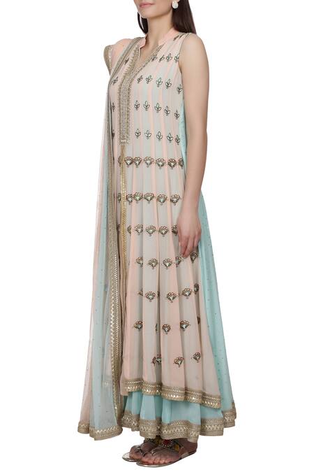 Buy_Bhumika Grover_Blue Net, Georgette Band Collar Layered Embroidered Anarkali With Dupatta_Online_at_Aza_Fashions