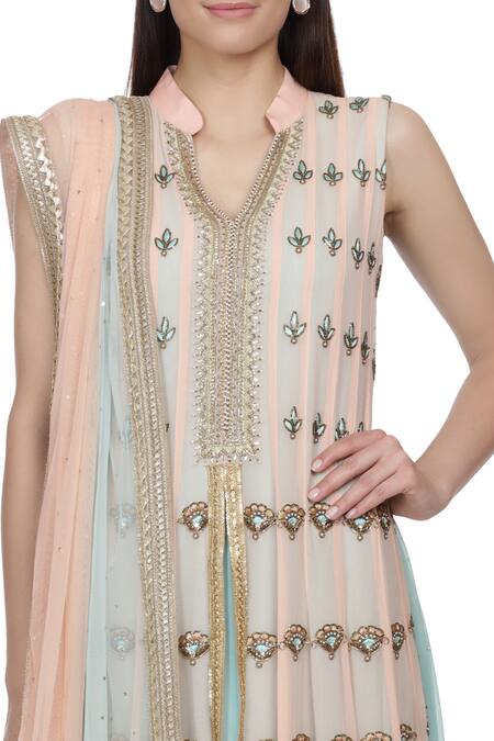 Bhumika Grover_Blue Net, Georgette Band Collar Layered Embroidered Anarkali With Dupatta_at_Aza_Fashions