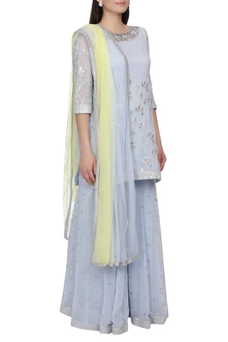 Bhumika Grover_Blue Net, Georgette Round Embroidered Sharara Set_Online_at_Aza_Fashions