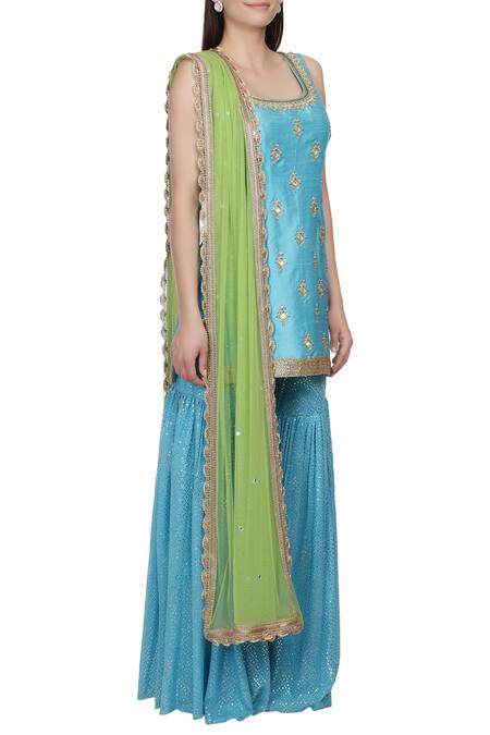 Bhumika Grover_Blue Raw Silk, Georgette Round Embroidered Sharara Set_Online_at_Aza_Fashions