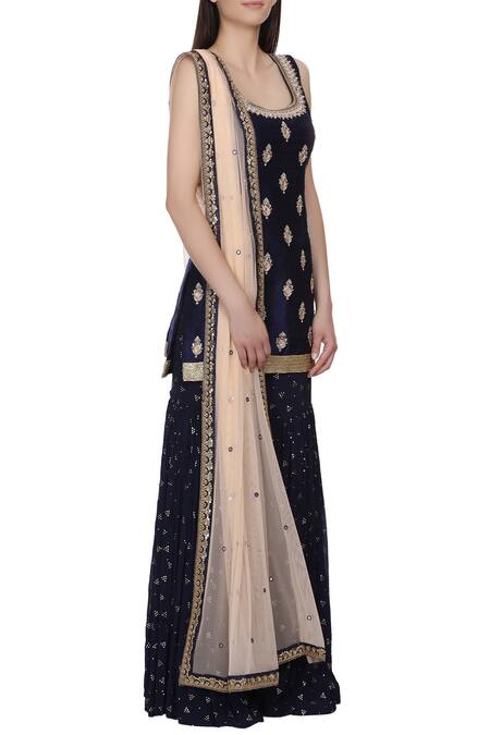 Bhumika Grover_Blue Raw Silk, Georgette Embroidered Sharara Set_Online_at_Aza_Fashions