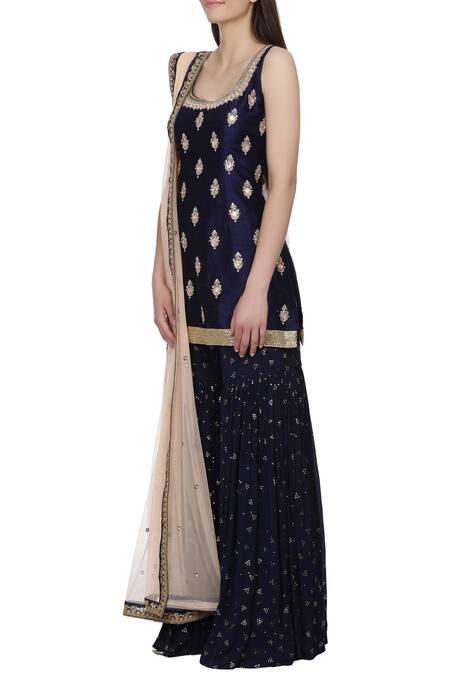 Buy_Bhumika Grover_Blue Raw Silk, Georgette Embroidered Sharara Set_Online_at_Aza_Fashions