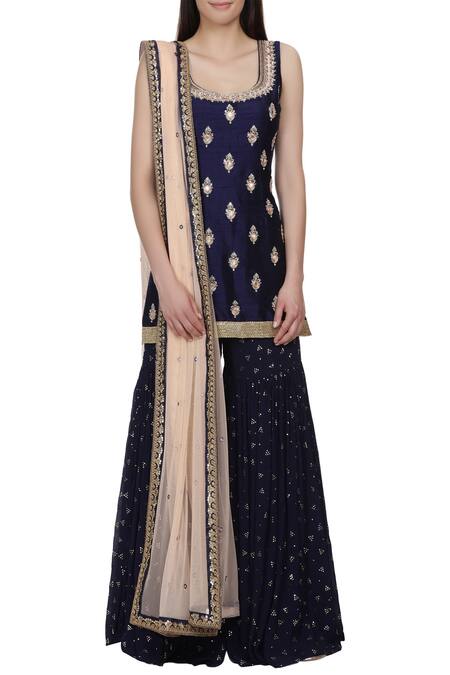 Shop_Bhumika Grover_Blue Raw Silk, Georgette Embroidered Sharara Set_Online_at_Aza_Fashions