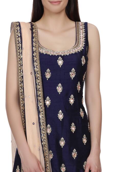 Bhumika Grover_Blue Raw Silk, Georgette Embroidered Sharara Set_at_Aza_Fashions