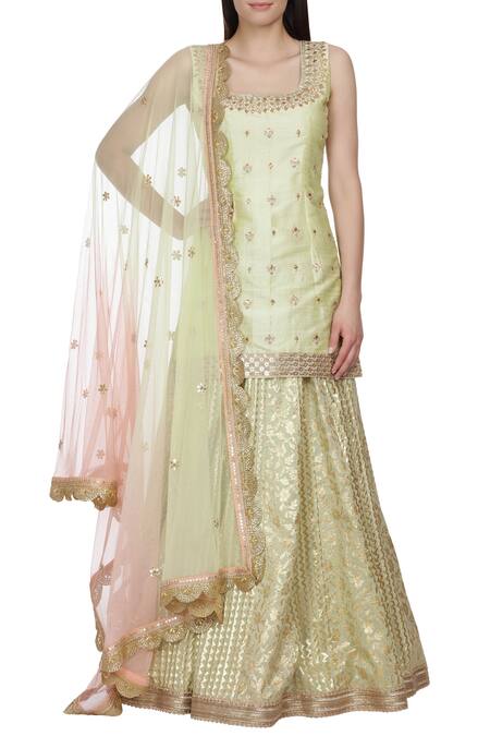 Shop_Bhumika Grover_Green Raw Silk, Net, Chanderi Kurta And Lehenga Set_Online_at_Aza_Fashions