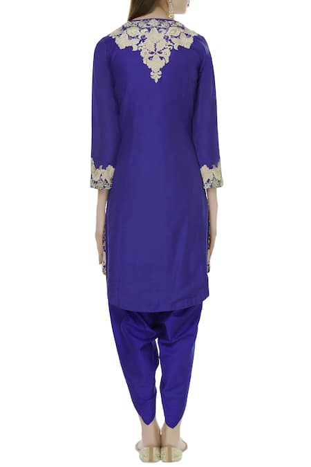 Shop Sonali Gupta Blue Round Neck Embroidered Jacket Kurta And Dhoti Pant Set at Aza Fashions Shop_Sonali Gupta_Blue Round Neck Embroidered Jacket Kurta And Dhoti Pant Set _at_Aza_Fashions