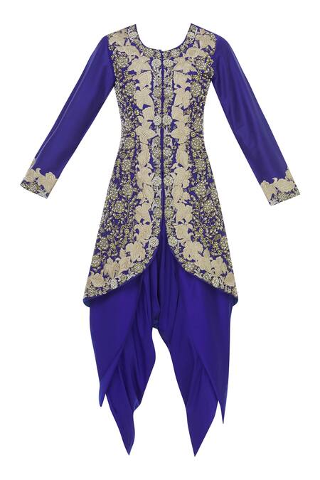Buy Sonali Gupta Blue Round Neck Embroidered Jacket Kurta And Dhoti Pant Set Online at Aza Fashions Buy_Sonali Gupta_Blue Round Neck Embroidered Jacket Kurta And Dhoti Pant Set _Online_at_Aza_Fashions
