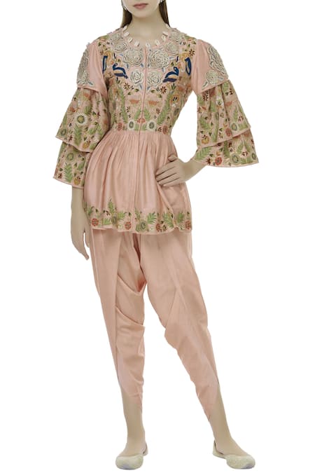 Sonali Gupta Peach Blended Silk Round Embroidered Peplum Tunic And Dhoti Pant Set  