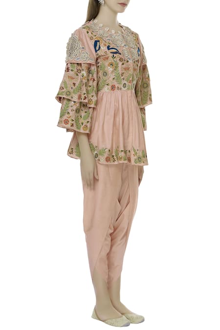 Sonali Gupta Peach Blended Silk Round Embroidered Peplum Tunic And Dhoti Pant Set Online at Aza Fashions Sonali Gupta_Peach Blended Silk Round Embroidered Peplum Tunic And Dhoti Pant Set _Online_at_Aza_Fashions